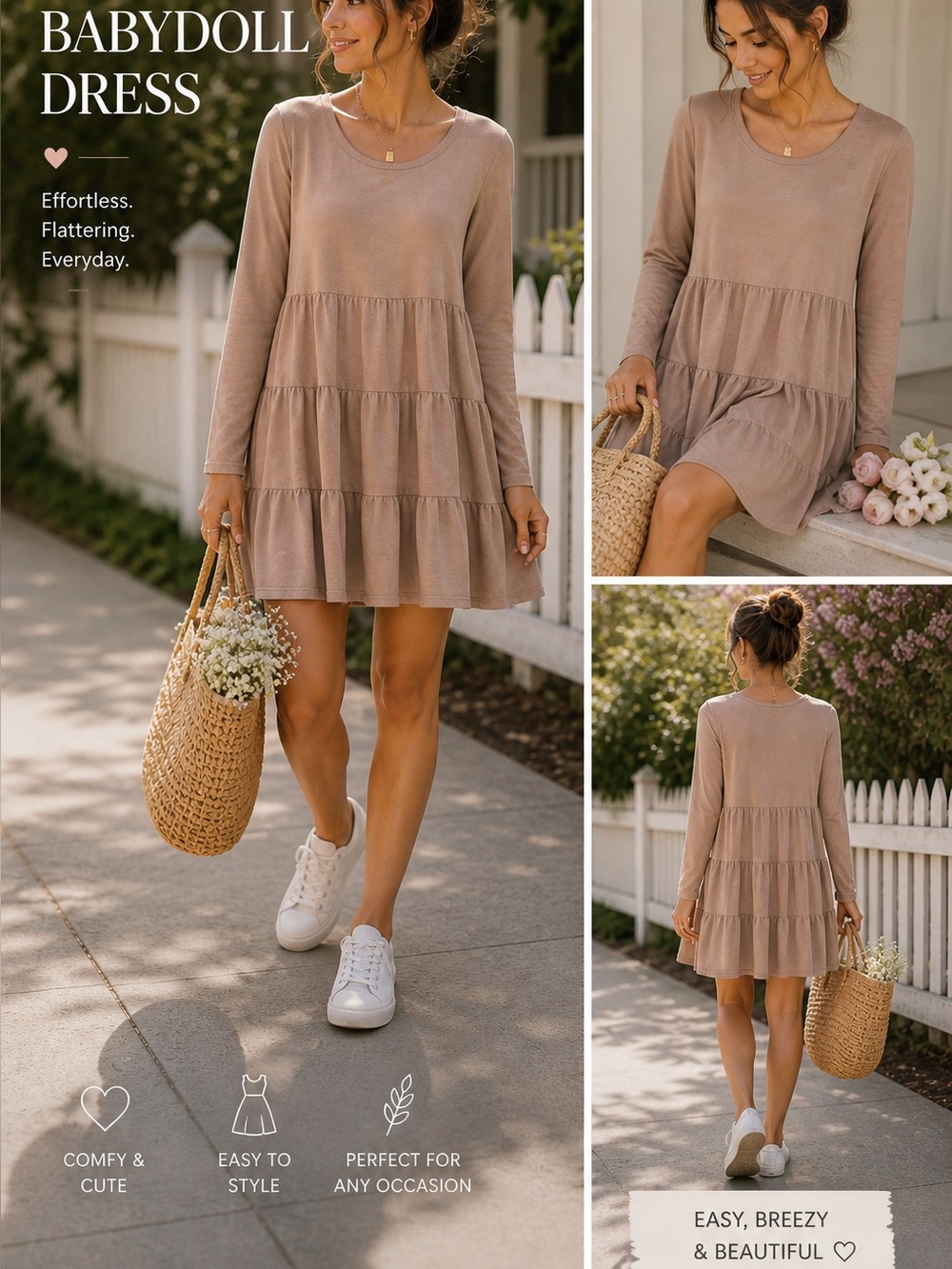 Easel Taupe Long Sleeve Tiered Dress